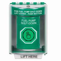 Safety Technology SS2186PS-EN | Green Indoor/Outdoor Surface with Horn Momentary (Illuminated) with Green Lens Stopper Station with FUEL PUMP SHUT DOWN Label English