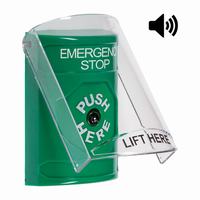 Safety Technology SS21A0ES-EN | Green Indoor Only Flush or Surface with Horn Key-to-Reset Stopper Station with EMERGENCY STOP Label English