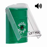 Safety Technology SS21A0NT-EN | Green Indoor Only Flush or Surface with Horn Key-to-Reset Stopper Station with No Text Label English