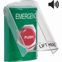 Safety Technology SS21A1EM-EN | Green Indoor Only Flush or Surface with Horn Turn-to-Reset Stopper Station with EMERGENCY Label English