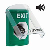 Safety Technology SS21A3XT-EN | Green Indoor Only Flush or Surface with Horn Key-to-Activate Stopper Station with EXIT Label English