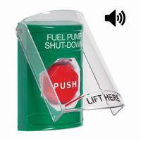 Safety Technology SS21A5PS-EN | Green Indoor Only Flush or Surface with Horn Momentary (Illuminated) Stopper Station with FUEL PUMP SHUT DOWN Label English