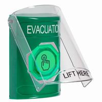 Safety Technology SS21A7EV-EN | Green Indoor Only Flush or Surface with Horn Weather Resistant Momentary (Illuminated) with Green Lens Stopper Station with EVACUATION Label English