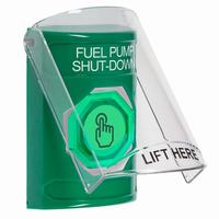 Safety Technology SS21A7PS-EN | Green Indoor Only Flush or Surface with Horn Weather Resistant Momentary (Illuminated) with Green Lens Stopper Station with FUEL PUMP SHUT DOWN Label English