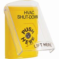 Safety Technology SS2220HV-EN | Yellow Indoor Only Flush or Surface Key-to-Reset Stopper Station with HVAC SHUT DOWN Label English