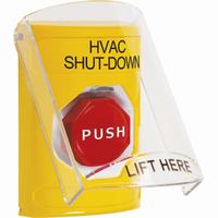 Safety Technology SS2222HV-EN | Yellow Indoor Only Flush or Surface Key-to-Reset (Illuminated) Stopper Station with HVAC SHUT DOWN Label English