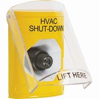Safety Technology SS2223HV-EN | Yellow Indoor Only Flush or Surface Key-to-Activate Stopper Station with HVAC SHUT DOWN Label English
