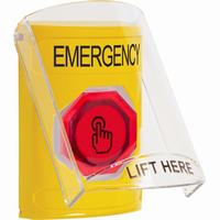 Safety Technology SS2226EM-EN | Yellow Indoor Only Flush or Surface Momentary (Illuminated) with Red Lens Stopper Station with EMERGENCY Label English