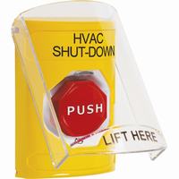 Safety Technology SS2229HV-EN | Yellow Indoor Only Flush or Surface Turn-to-Reset (Illuminated) Stopper Station with HVAC SHUT DOWN Label English