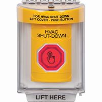 Safety Technology SS2237HV-EN | Yellow Indoor/Outdoor Flush Weather Resistant Momentary (Illuminated) with Red Lens Stopper Station with HVAC SHUT DOWN Label English