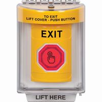 Safety Technology SS2246XT-EN | Yellow Indoor/Outdoor Flush with Horn Momentary (Illuminated) with Red Lens Stopper Station with EXIT Label English