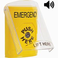 Safety Technology SS22A0EM-EN | Yellow Indoor Only Flush or Surface with Horn Key-to-Reset Stopper Station with EMERGENCY Label English
