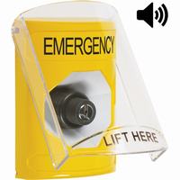 Safety Technology SS22A3EM-EN | Yellow Indoor Only Flush or Surface with Horn Key-to-Activate Stopper Station with EMERGENCY Label English