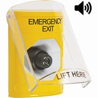 Safety Technology SS22A3EX-EN | Yellow Indoor Only Flush or Surface with Horn Key-to-Activate Stopper Station with EMERGENCY EXIT Label English