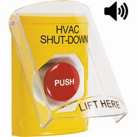 Safety Technology SS22A4HV-EN | Yellow Indoor Only Flush or Surface with Horn Momentary Stopper Station with HVAC SHUT DOWN Label English