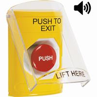 Safety Technology SS22A4PX-EN | Yellow Indoor Only Flush or Surface with Horn Momentary Stopper Station with PUSH TO EXIT Label English