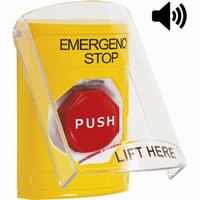 Safety Technology SS22A5ES-EN | Yellow Indoor Only Flush or Surface with Horn Momentary (Illuminated) Stopper Station with EMERGENCY STOP Label English