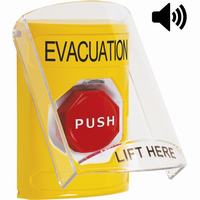 Safety Technology SS22A8EV-EN | Yellow Indoor Only Flush or Surface with Horn Pneumatic (Illuminated) Stopper Station with EVACUATION Label English