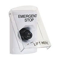 Safety Technology SS2323ES-EN | White Indoor Only Flush or Surface Key-to-Activate Stopper Station with EMERGENCY STOP Label English
