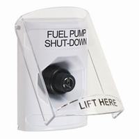Safety Technology SS2323PS-EN | White Indoor Only Flush or Surface Key-to-Activate Stopper Station with FUEL PUMP SHUT DOWN Label English