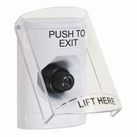 Safety Technology SS2323PX-EN | White Indoor Only Flush or Surface Key-to-Activate Stopper Station with PUSH TO EXIT Label English