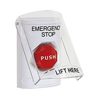 Safety Technology SS2325ES-EN | White Indoor Only Flush or Surface Momentary (Illuminated) Stopper Station with EMERGENCY STOP Label English