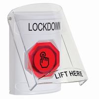 Safety Technology SS2326LD-EN | White Indoor Only Flush or Surface Momentary (Illuminated) with Red Lens Stopper Station with LOCKDOWN Label English