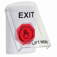 Safety Technology SS2326XT-EN | White Indoor Only Flush or Surface Momentary (Illuminated) with Red Lens Stopper Station with EXIT Label English