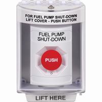 Safety Technology SS2371PS-EN | White Indoor/Outdoor Surface Turn-to-Reset Stopper Station with FUEL PUMP SHUT DOWN Label English