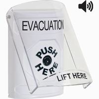 Safety Technology SS23A0EV-EN | White Indoor Only Flush or Surface with Horn Key-to-Reset Stopper Station with EVACUATION Label English