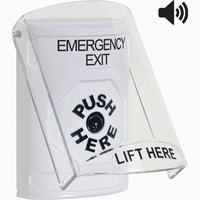Safety Technology SS23A0EX-EN | White Indoor Only Flush or Surface with Horn Key-to-Reset Stopper Station with EMERGENCY EXIT Label English