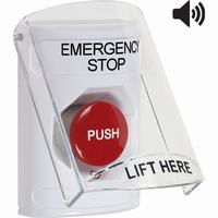Safety Technology SS23A1ES-EN | White Indoor Only Flush or Surface with Horn Turn-to-Reset Stopper Station with EMERGENCY STOP Label English