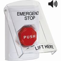 Safety Technology SS23A2ES-EN | White Indoor Only Flush or Surface with Horn Key-to-Reset (Illuminated) Stopper Station with EMERGENCY STOP Label English