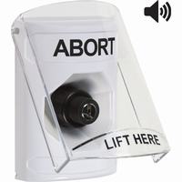 Safety Technology SS23A3AB-EN | White Indoor Only Flush or Surface with Horn Key-to-Activate Stopper Station with ABORT Label English