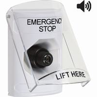 Safety Technology SS23A3ES-EN | White Indoor Only Flush or Surface with Horn Key-to-Activate Stopper Station with EMERGENCY STOP Label English