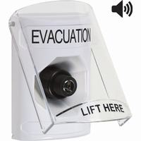 Safety Technology SS23A3EV-EN | White Indoor Only Flush or Surface with Horn Key-to-Activate Stopper Station with EVACUATION Label English