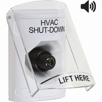 Safety Technology SS23A3HV-EN | White Indoor Only Flush or Surface with Horn Key-to-Activate Stopper Station with HVAC SHUT DOWN Label English