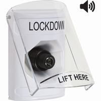 Safety Technology SS23A3LD-EN | White Indoor Only Flush or Surface with Horn Key-to-Activate Stopper Station with LOCKDOWN Label English