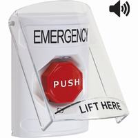 Safety Technology SS23A9EM-EN | White Indoor Only Flush or Surface with Horn Turn-to-Reset (Illuminated) Stopper Station with EMERGENCY Label English