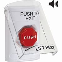 Safety Technology SS23A9PX-EN | White Indoor Only Flush or Surface with Horn Turn-to-Reset (Illuminated) Stopper Station with PUSH TO EXIT Label English