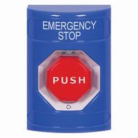 Safety Technology SS2409ES-EN | Blue No Cover Turn-to-Reset (Illuminated) Stopper Station with EMERGENCY STOP Label English