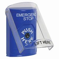 Safety Technology SS2420ES-EN | Blue Indoor Only Flush or Surface Key-to-Reset Stopper Station with EMERGENCY STOP Label English