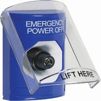 Safety Technology SS2423PO-EN | Blue Indoor Only Flush or Surface Key-to-Activate Stopper Station with EMERGENCY POWER OFF Label English