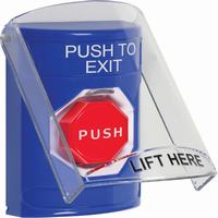 Safety Technology SS2425PX-EN | Blue Indoor Only Flush or Surface Momentary (Illuminated) Stopper Station with PUSH TO EXIT Label English