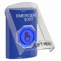 Safety Technology SS2427EX-EN | Blue Indoor Only Flush or Surface Weather Resistant Momentary (Illuminated) with Blue Lens Stopper Station with EMERGENCY EXIT Label English