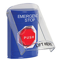 Safety Technology SS2428ES-EN | Blue Indoor Only Flush or Surface Pneumatic (Illuminated) Stopper Station with EMERGENCY STOP Label English