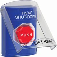 Safety Technology SS2429HV-EN | Blue Indoor Only Flush or Surface Turn-to-Reset (Illuminated) Stopper Station with HVAC SHUT DOWN Label English