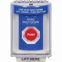Safety Technology SS2434HV-EN | Blue Indoor/Outdoor Flush Momentary Stopper Station with HVAC SHUT DOWN Label English