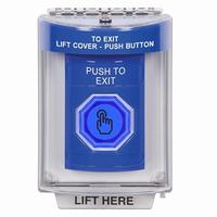 Safety Technology SS2436PX-EN | Blue Indoor/Outdoor Flush Momentary (Illuminated) with Blue Lens Stopper Station with PUSH TO EXIT Label English