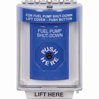 Safety Technology SS2440PS-EN | Blue Indoor/Outdoor Flush with Horn Key-to-Reset Stopper Station with FUEL PUMP SHUT DOWN Label English